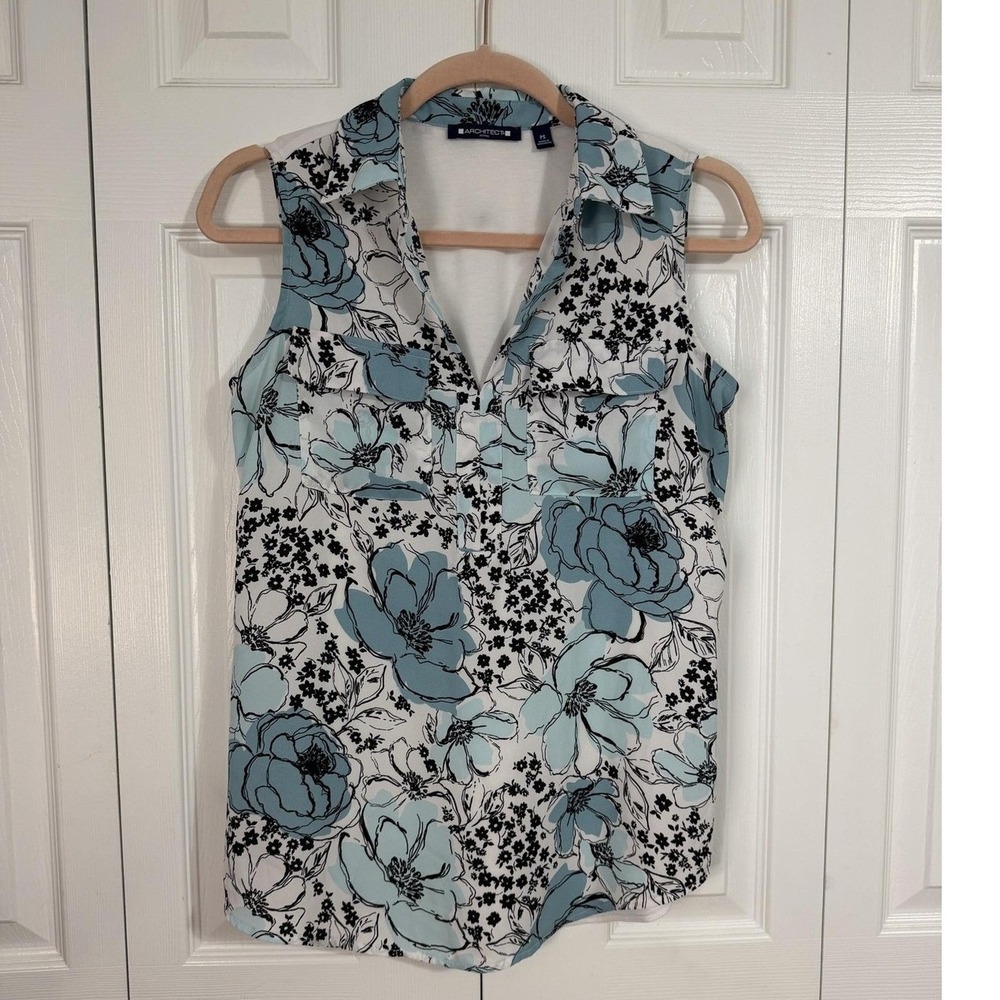 Architect Petites Womens PS Blue Floral Sleeveless Collared Blouse Shirt Top